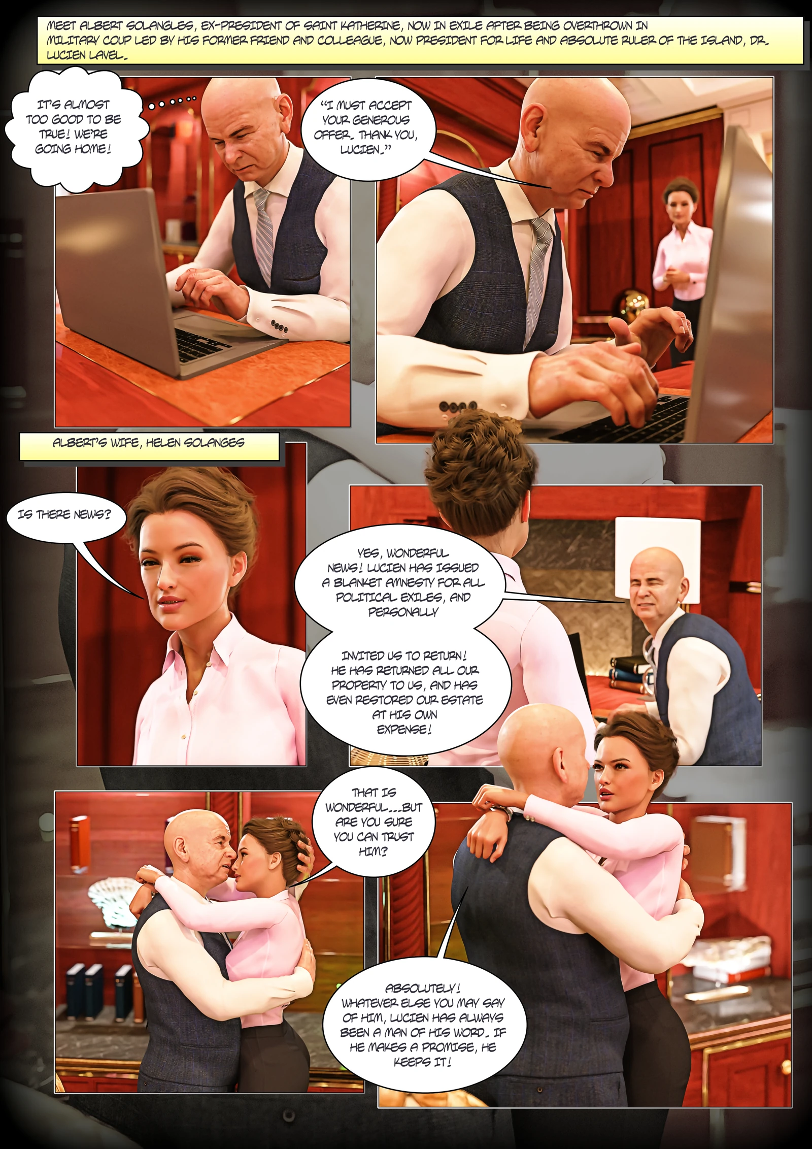 Original DAZ Studio comic page, office conversation with English dialogue