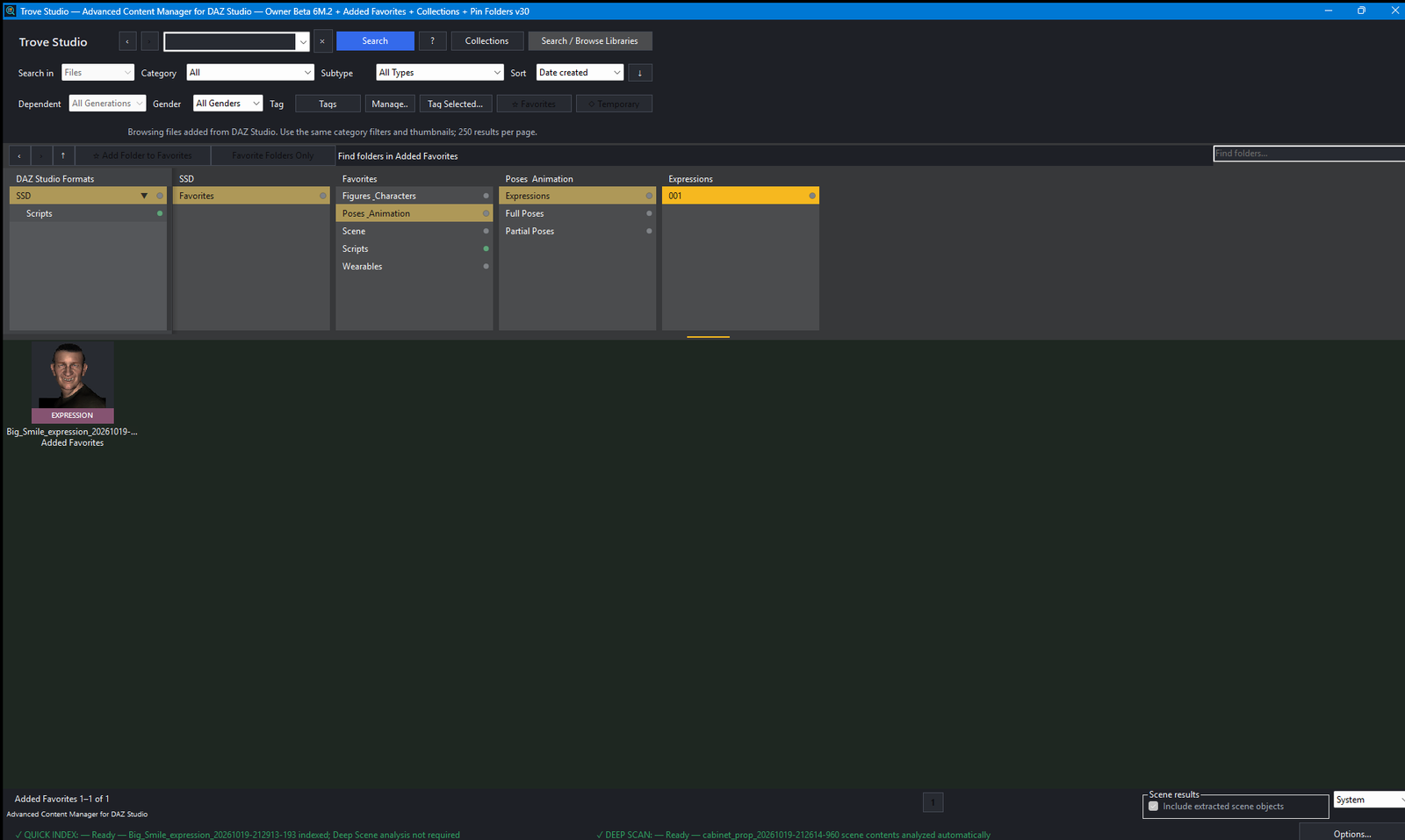 Trove Studio interface — Expressions, outfits and tools from production.